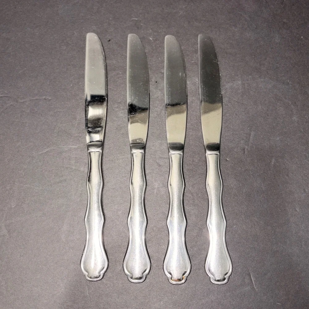 Set of 4 Stainless Steel Dinner Knives Silver Fiddle Handle Scroll Detail 9
